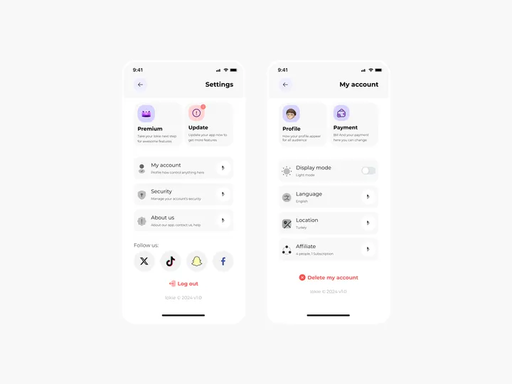 Settings Page for Mobile App - Lokie App