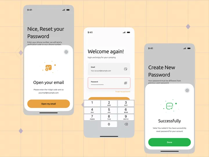 Forget passwords and reset passwords screens